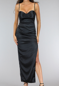 Lange Zwarte Satin Jurk met Split