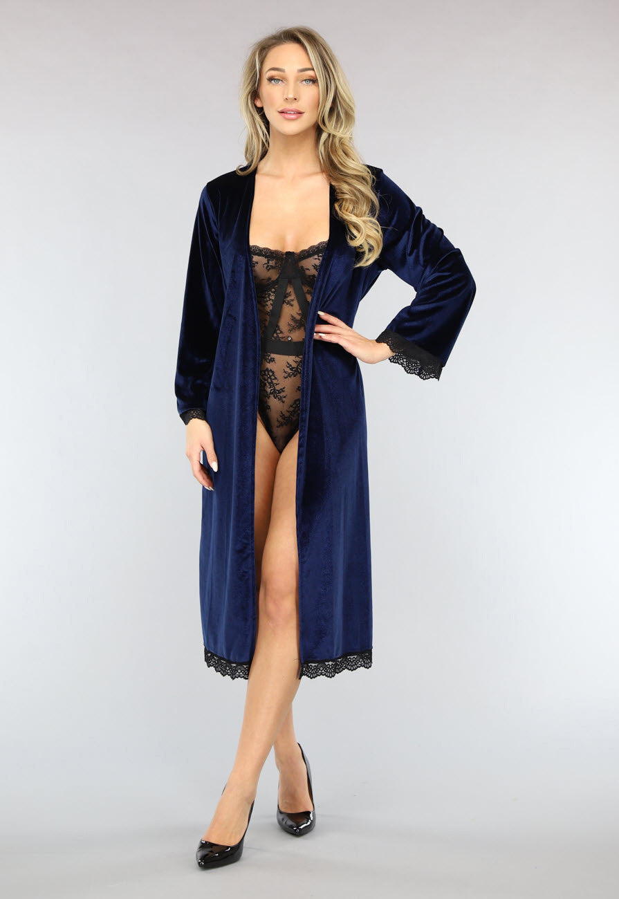 Velvet Kimono in Navy met Kant
