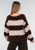 Gestreepte Fluffy Trui in Bruin en Beige met Losvallende Pasvorm