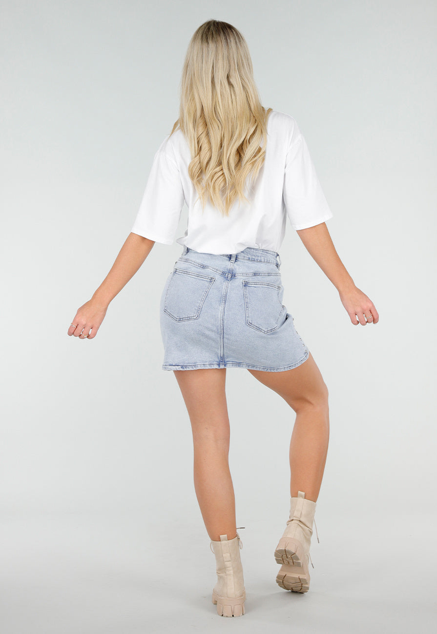 Lichtblauwe Denim Rok met Studs en Rechte Pasvorm en Steekzakken
