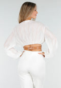 Witte Crop Blouse met V-Hals en Luchtige Mouwen