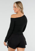 Zwarte One-Shoulder Top met Lange Mouwen