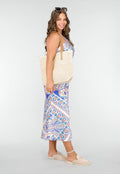 Beige Raffia Tote Tas met Bruine Lederlook Banden