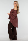 Donkerbruine Off Shoulder Blouse met Wijde Mouwen en Volant
