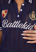 Donkerblauwe Gebreide Polo Top met Korte Mouwen en Opengewerkte Details