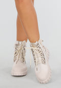 Beige Leopard Suede Bikerbooks met Sierveters en Rits