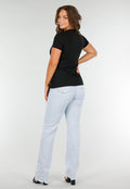 Zwart Stretch T-Shirt met Slim Fit, Ronde Hals en Zijsplit