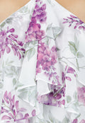 Paarse Maxi Halter Jurk met Bloemenprint en Gelaagde Ruches
