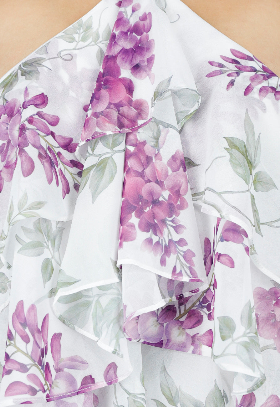 Paarse Maxi Halter Jurk met Bloemenprint en Gelaagde Ruches