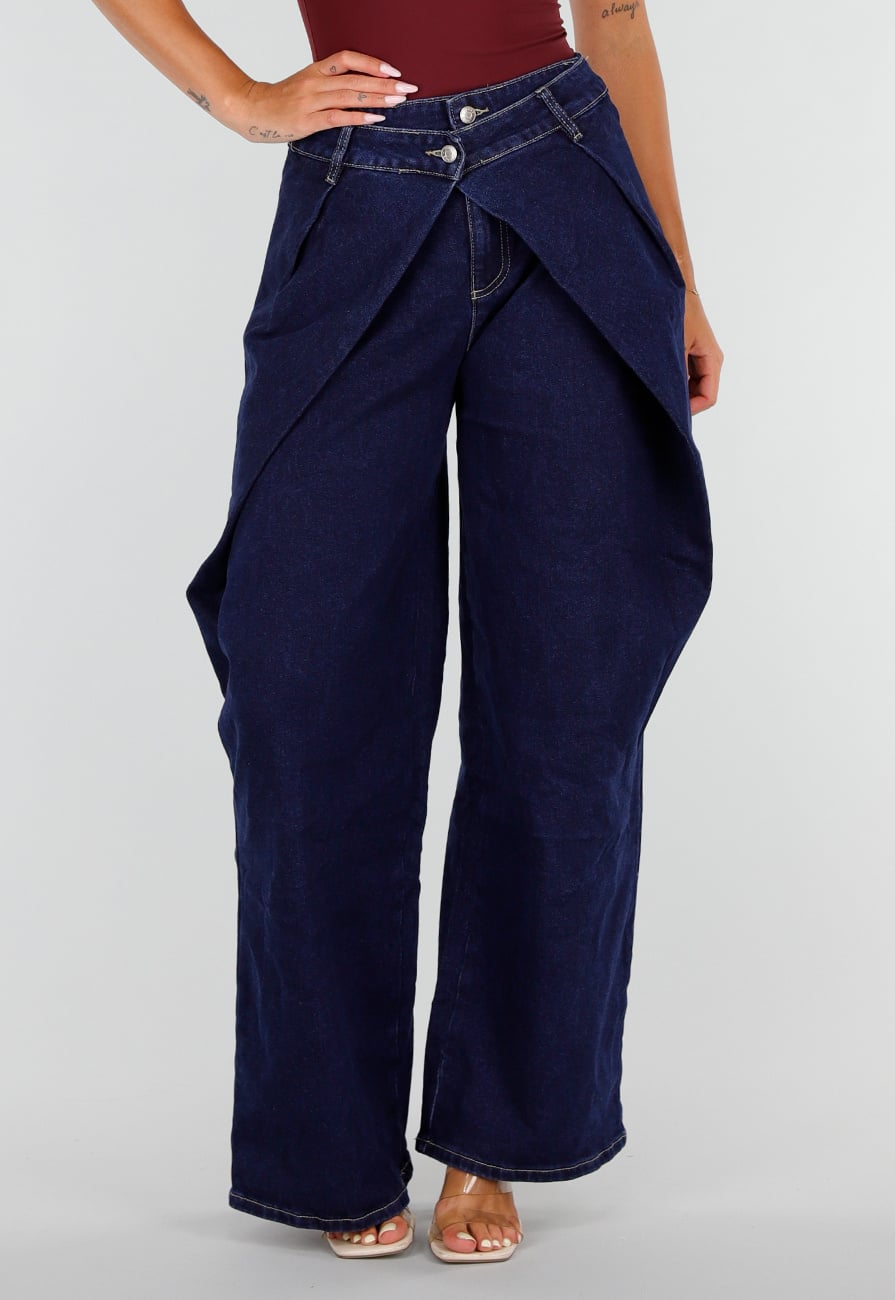 Donkerblauwe Wide Leg Jeans met Overslag Tailleband En Zakken