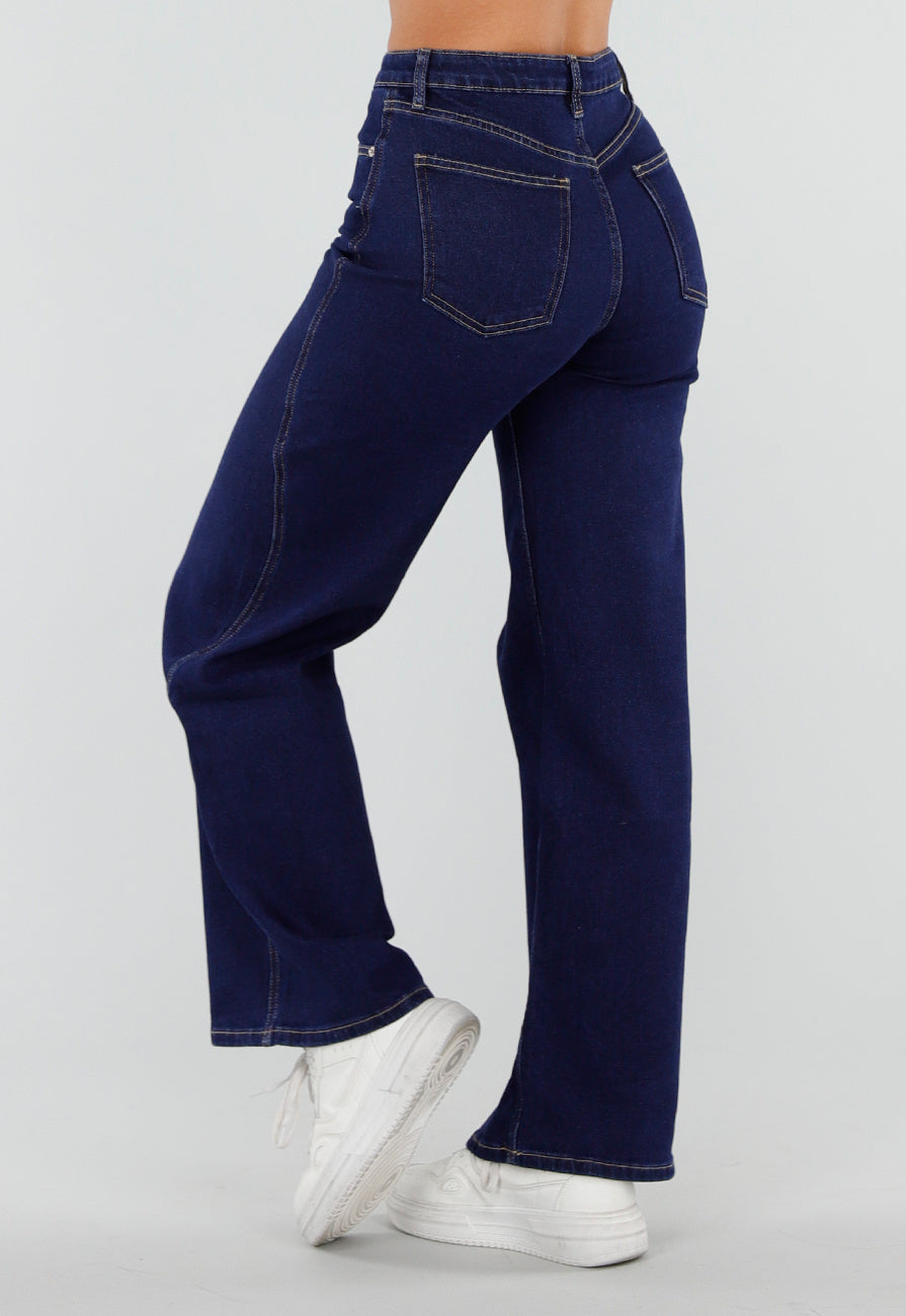 Donkerblauwe Wide Leg Jeans met Hoge Taille en Stretch