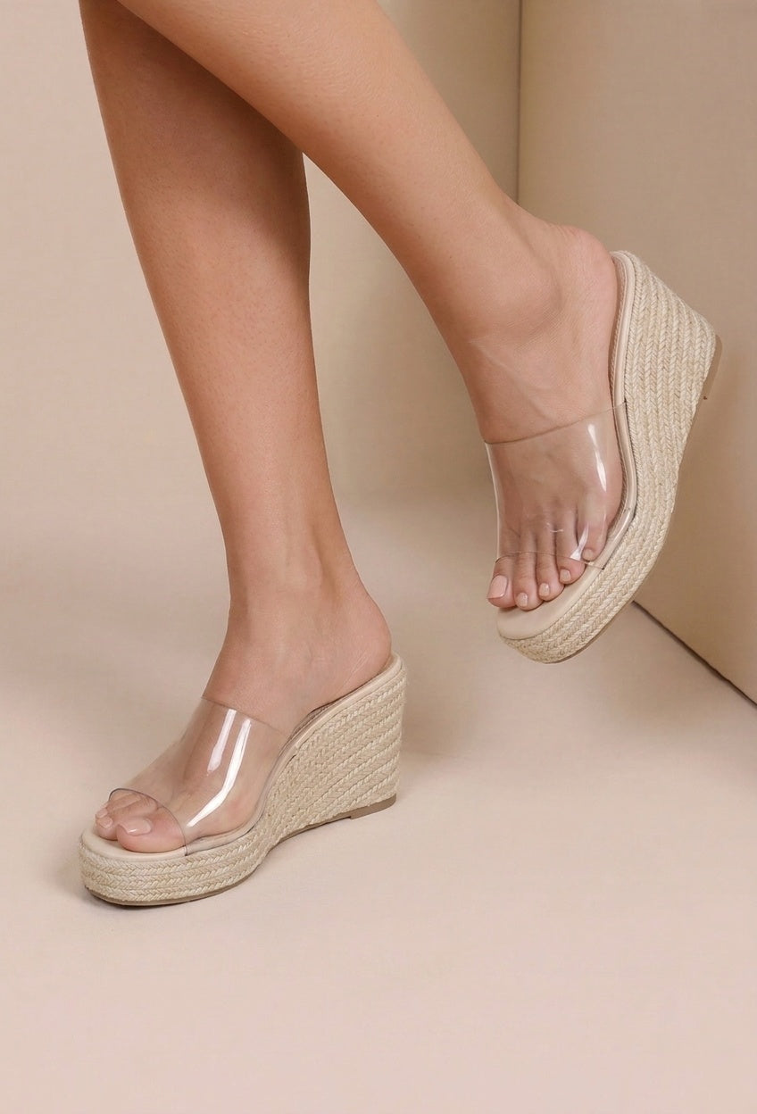 Transparante Plateau Slippers met Brede Band en Beige Sleehak