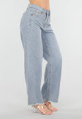 Lichtblauwe High Waist Wide Leg Jeans met Rafelige Onderkant