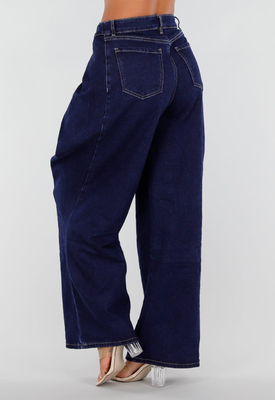 Donkerblauwe Wide Leg Jeans met Overslag Tailleband En Zakken