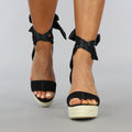 Zwarte Boho Sleehak Sandaletten met Strikdetail