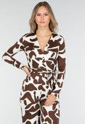 Bruin-Witte Stretch Jumpsuit met Overslag en Ceintuur