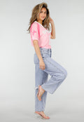 Roze Mesh Jersey Top met V-hals en Korte Mouwen en Print