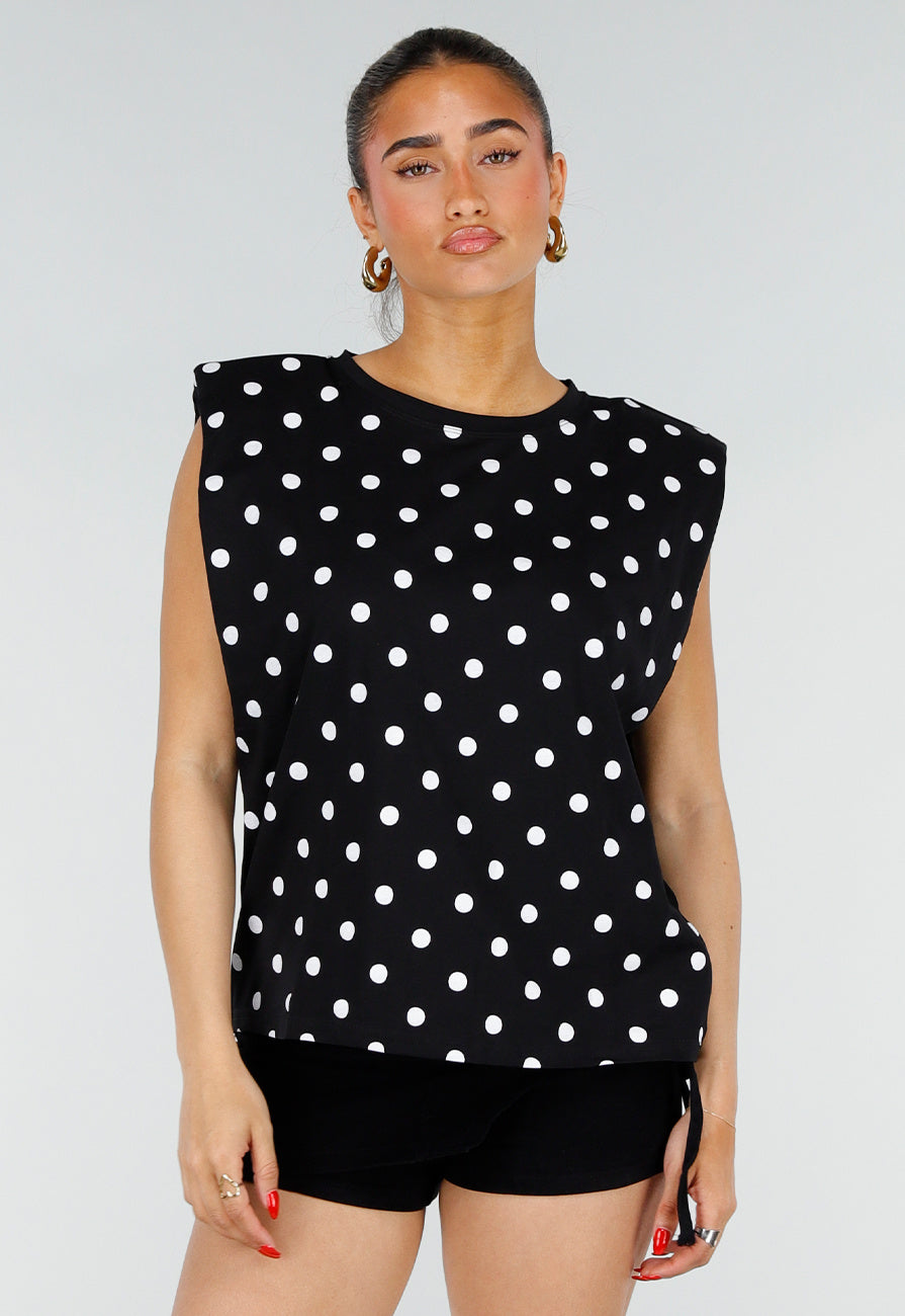 Zwarte Mouwloze Top met Witte Stippen en Schoudervulling