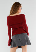 Rode Off Shoulder Gebreide Trui met Uitlopende Mouwen