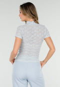 Lichtblauwe Gehaakte Stretch Top met Col en Korte Mouwen