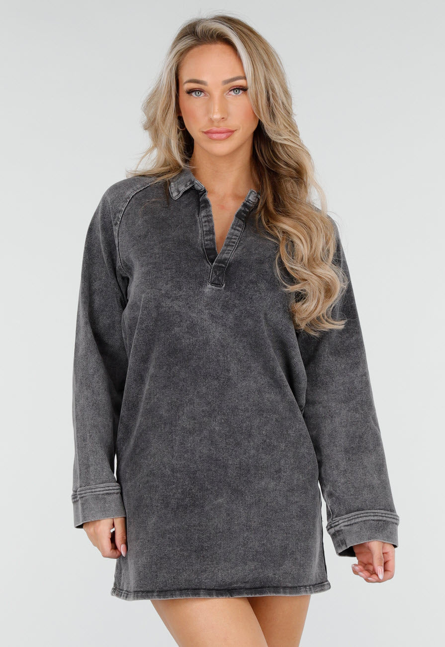 Redial Jeans  Grijze Longsleeve Oversized Denim Jurk met V-hals