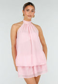 Roze Halter Jurkje met Open Rug en Striksluiting