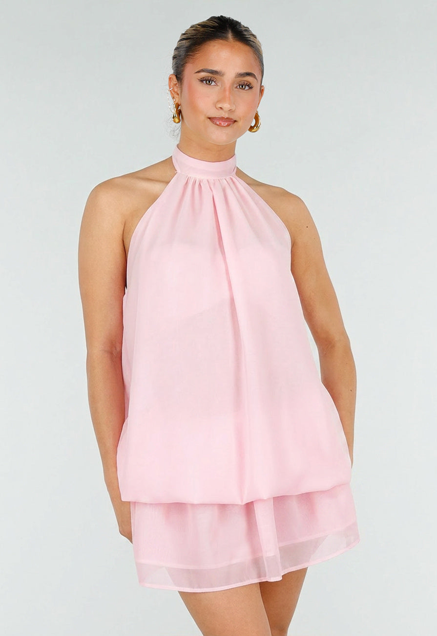 Roze Halter Jurkje met Open Rug en Striksluiting