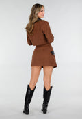 Bruine Set met Rok en Blazer met Lederlookdetails