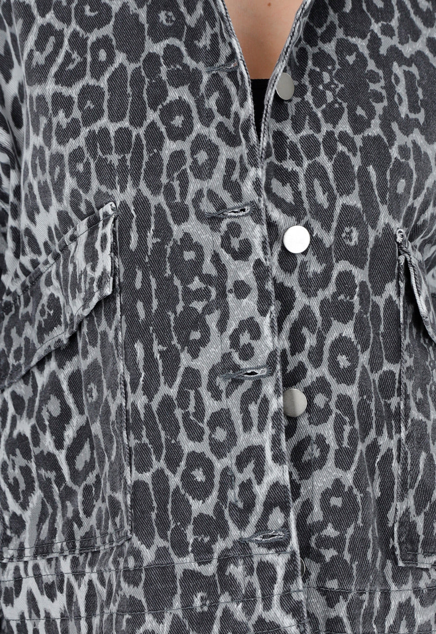 Grijze Luipaardprint Denim Jas met Klepzakken, Trekkoord en Knoopsluiting