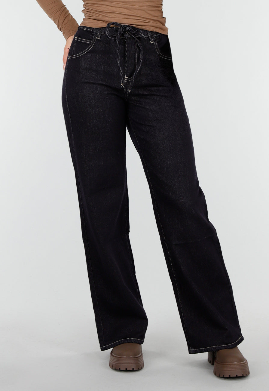Redial Jeans  Donkerblauwe Wide Leg Jeans met Elastische Taille en Strikkoord