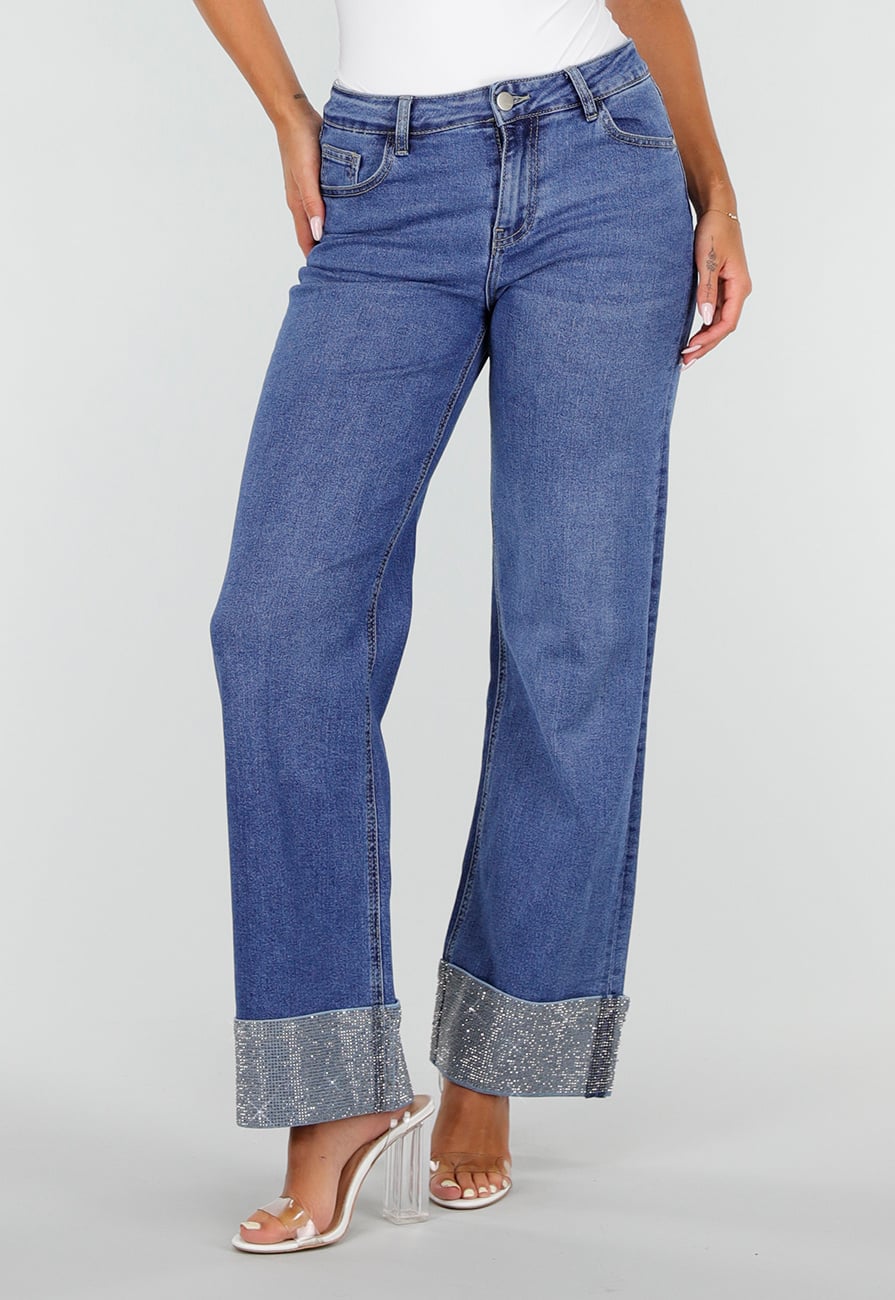 Blauwe Denim Straight Leg Jeans met Glitter Omslag