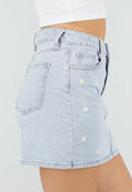 Lichtblauwe Denim Mini Rok met Geborduurde Bloemetjes