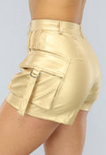 Metallic Gouden Lederlook Cargo Short met Hoge Taille