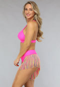Asymmetrische Neon Roze Bikini Set met Franjes