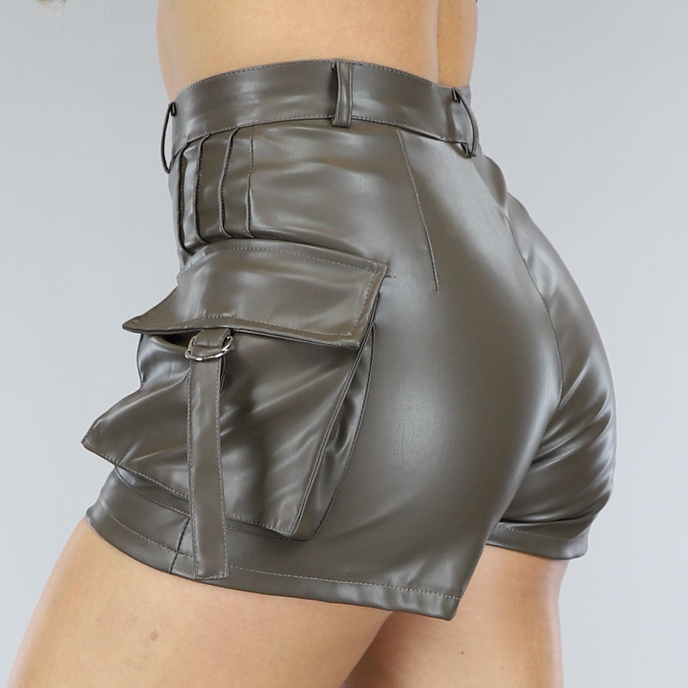 Bruine Lederlook Cargo Short met Hoge Taille