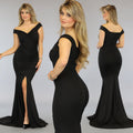 Zwarte Geplooide Off Shoulder Galajurk met Split
