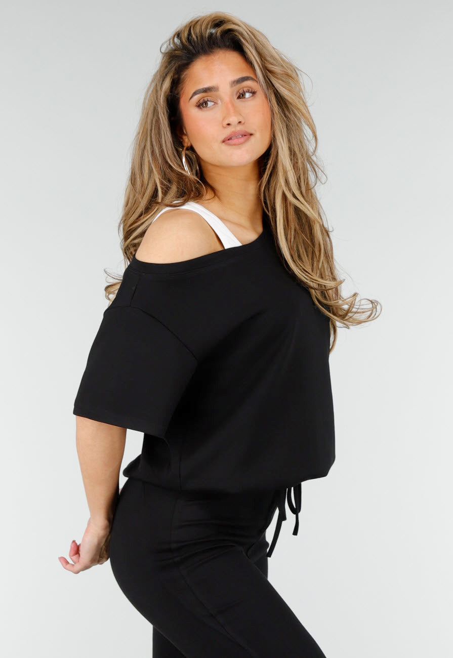 Zwarte One Shoulder Top met Ingewerkte Top en Stretch