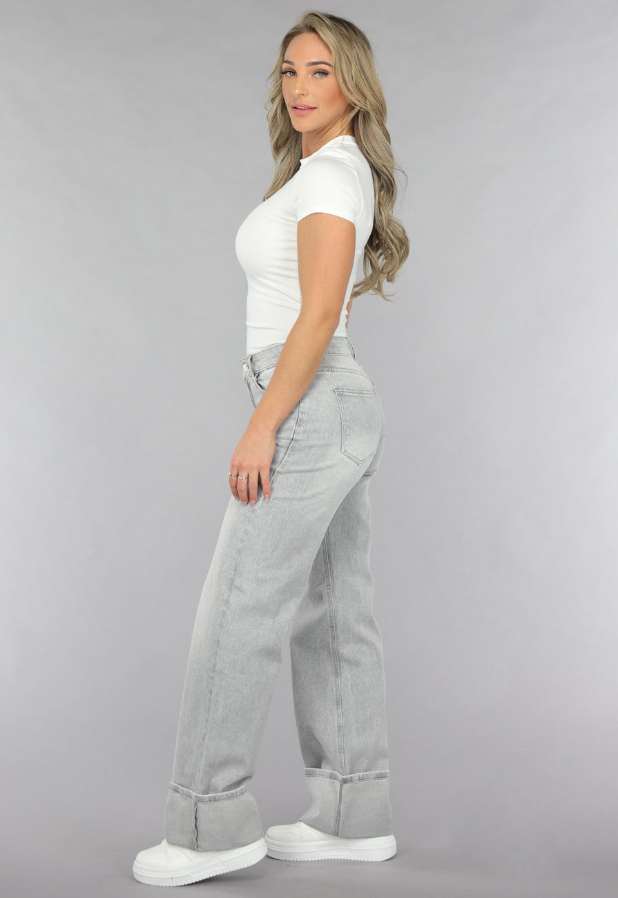 Grijze Mid Waist Omgeslagen Straight Leg Jeans