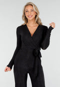 Jumpsuit met V-Hals en Lange Mouwen in Zwart met Glitterprint