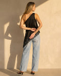 Zwarte One Shoulder Top met Kanten Zoom