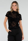 Zwarte Mesh Top met Bloempatroon en Stretch