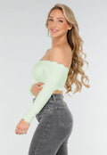 Mintgroene Off Shoulder Crop Top met Lange Mouwen en Pads