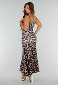 Panterprint Stretch Maxi Jurk met Strikkoorden, Ruches en Split