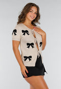 Taupe Gebreide Top met Strikprint, Striksluitingen, Stretch en Boordafwerking