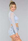 Babyblauwe Longsleeve Mesh Top met Ingewerkte Pads