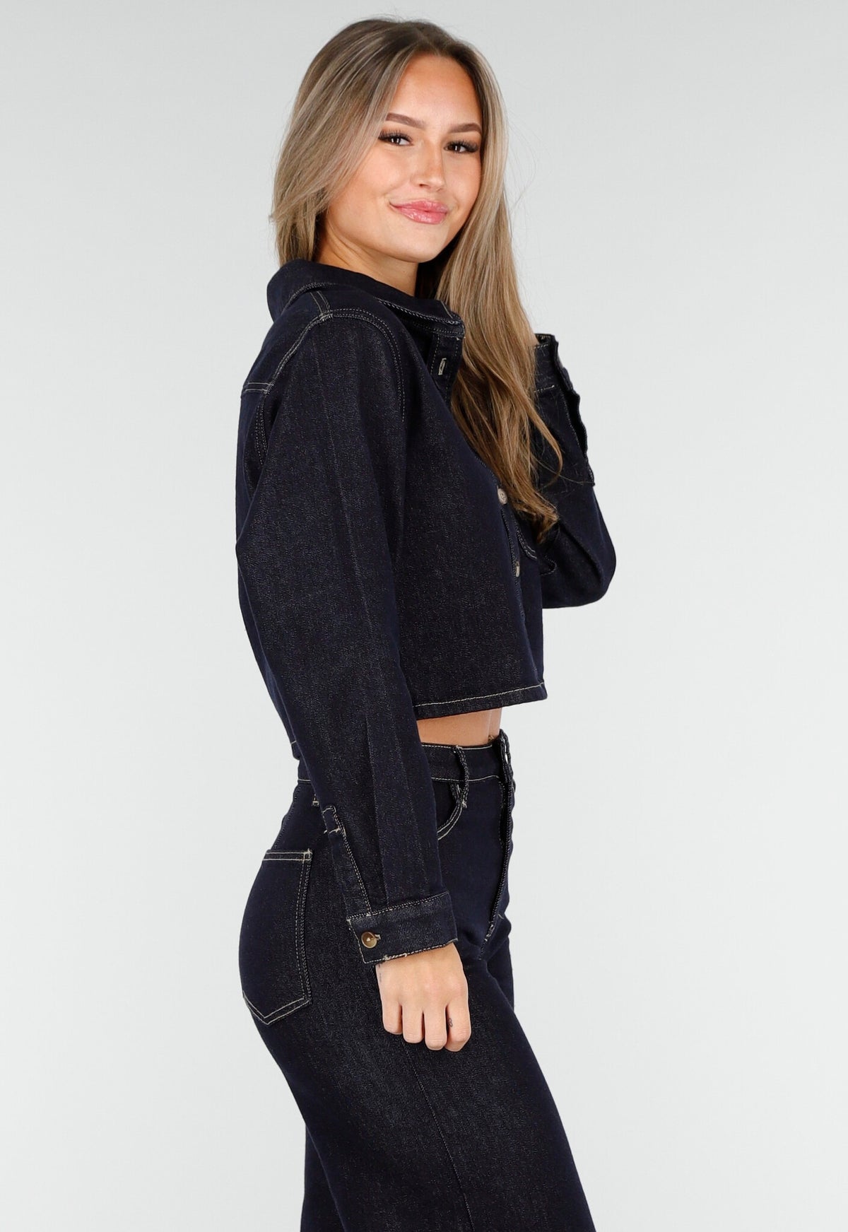 Redial Jeans  Cropped Denim Blouse in Donkerblauw Met Lange Mouwen