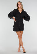 Zwarte Blouse en Short Set met Wijde Mouwen
