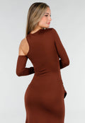 Bruine Asymmetrische Maxi Jurk met Cut Out en Draping