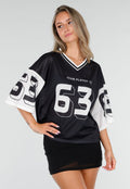 Zwarte Mesh Oversized Stretch Jersey T-Shirt met V-Hals
