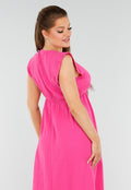 Fuchsia Linnenlook Midi Jurk met Ruches en V-Hals